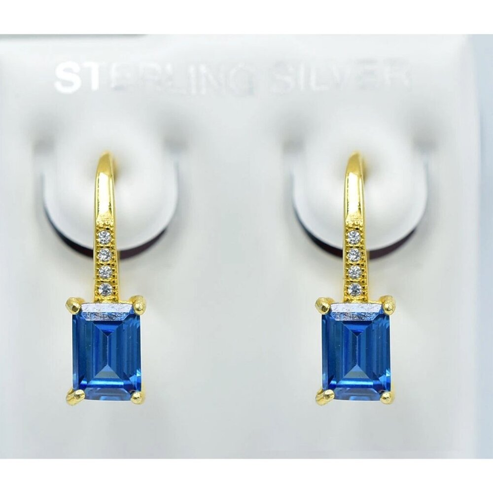 Genuine 2.60 Cts London Blue Topaz & W/sapphire Earrings 14k Gold Plated (.925)
